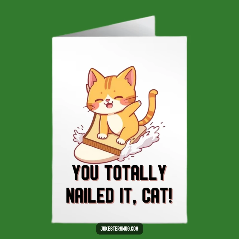 Free Printable Surfing Cat Congrats Card: Funny Toast Wipeout Downloadable