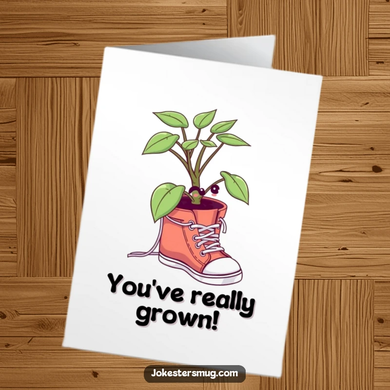 Funny Free Printable Congratulations Card depicting a potted plant hilariously attempting to tie its shoelaces.