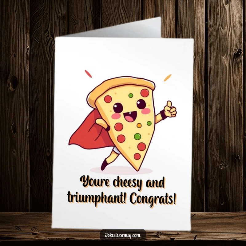 Funny Free Printable Congratulations Card: A pizza slice with a cape poses like a superhero, symbolizing achievement.