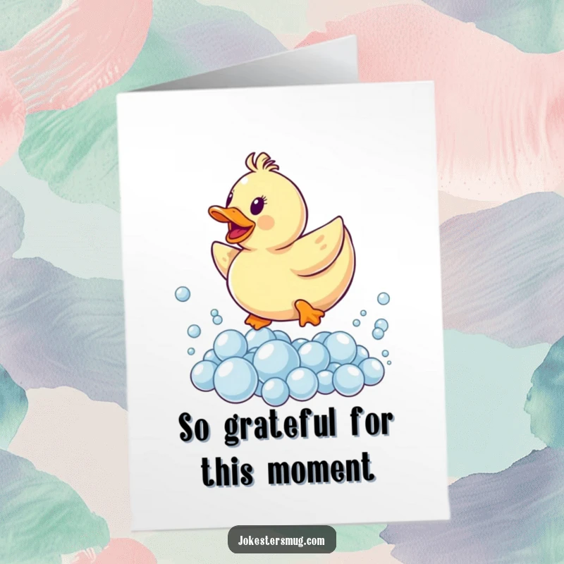 Funny free printable thank you card of a rubber ducky leaping over bubbles, conveying thanks with a fun, energetic vibe.
