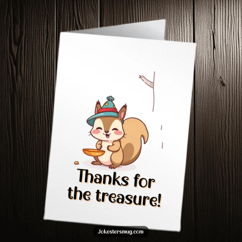 Funny Free Printable Thank You Card featuring a mischievous squirrel wearing a bird feeder as a hat.