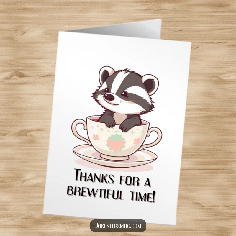 Funny Free Printable thank you card, a badger looking bewildered while stuck in a tiny teacup, a comical expression of thanks.