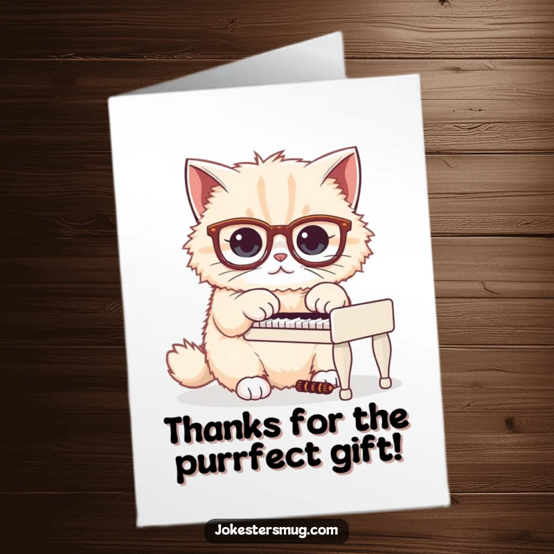 Funny Free Printable Thank You Card: A fluffy cat wearing large glasses, focused on playing a tiny piano, expressing gratitude adorably.
