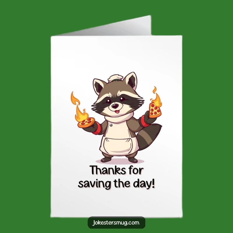 Free Printable Thank You Card: Flaming Pizza Raccoon, Downloadable Grateful Blaze Art