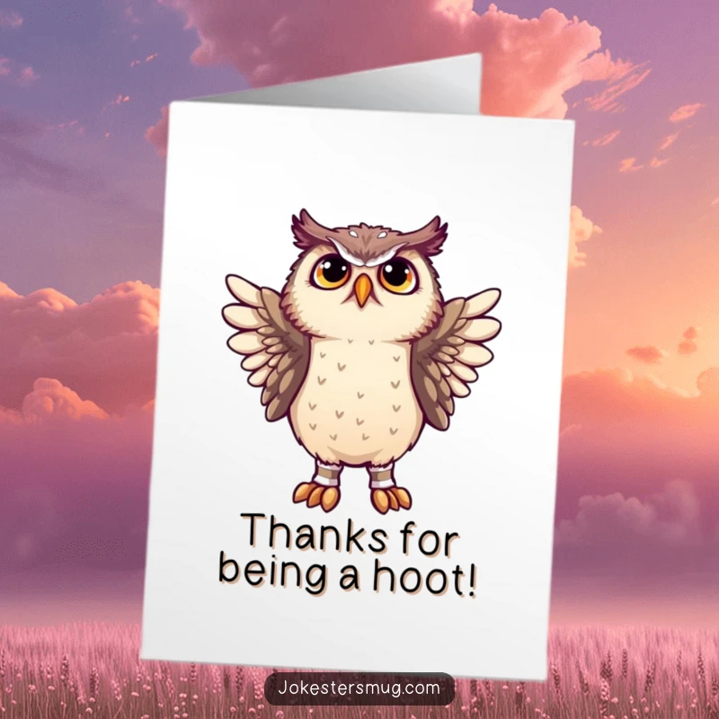 Funny Free Printable thank you card, a confused owl attempting to put socks on its wings, a comical gesture of appreciation.
