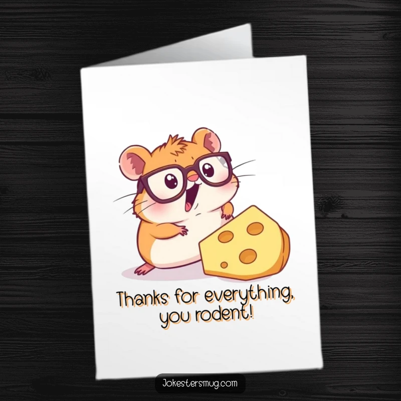 Funny Free Printable Thank You Card: Hamster with glasses, surprised by cheese, offering a cheesy thank you.
