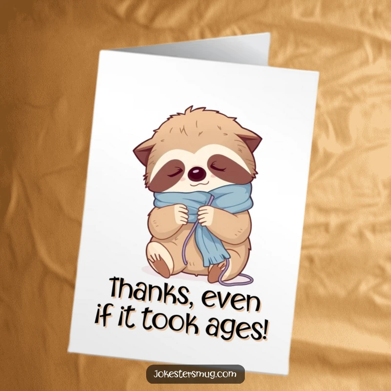 Funny Free Printable Thank You Card: Sleepy sloth tangled in yarn, offering thanks at its own pace.