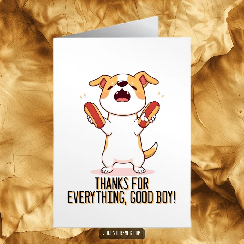 Funny Free Printable Thank You Card: A startled dog fails spectacularly at juggling hot dogs, perfect for a grateful chuckle.