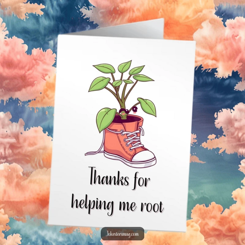 Funny Free Printable Thank You Card featuring a potted plant comically trying to tie its own shoelaces.