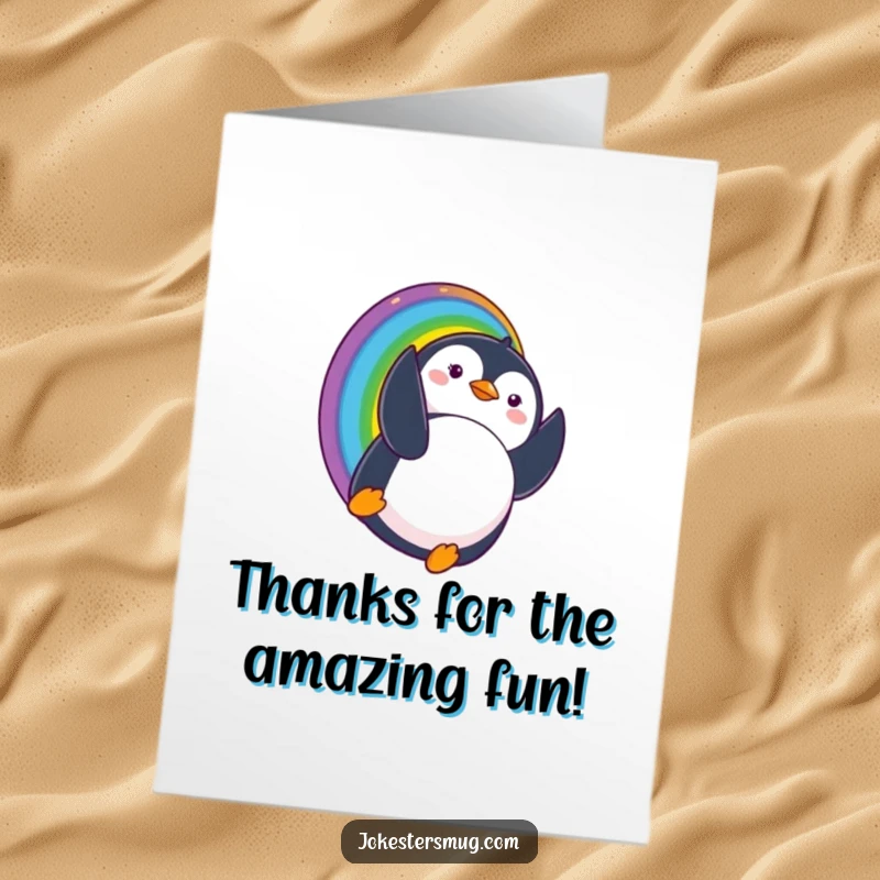 Funny Free Printable Thank You Card: A penguin slides down a rainbow, landing upside down looking surprised, adding humor to your thanks.