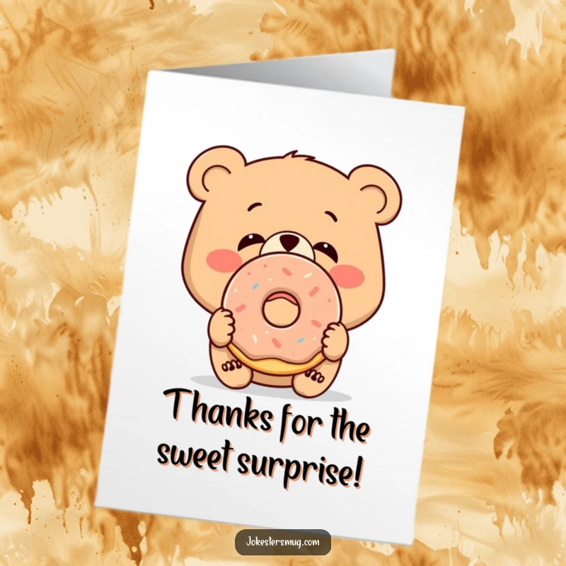 Funny Free Printable Thank You Card: Bewildered bear with a donut stuck to its nose, a downloadable gift of thanks.