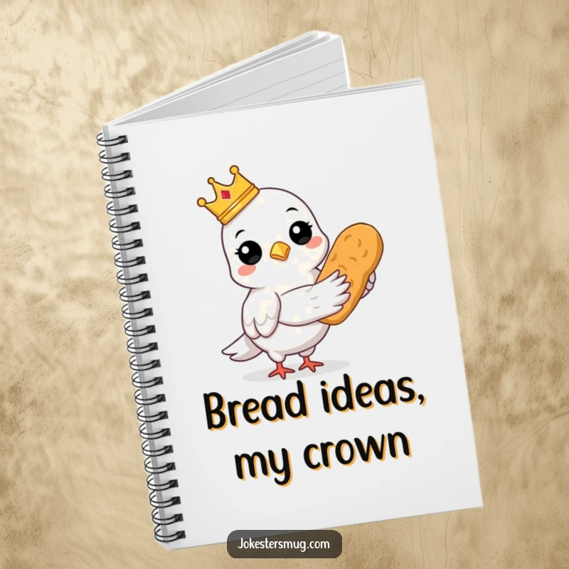 Funny notebook with a crowned pigeon holding bread, perfect for notes.