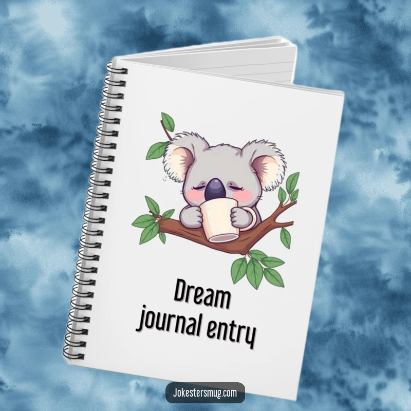 Funny Sleeping Koala Notebook: A koala sleeps with a mug on its nose, ideal for taking notes with humor.