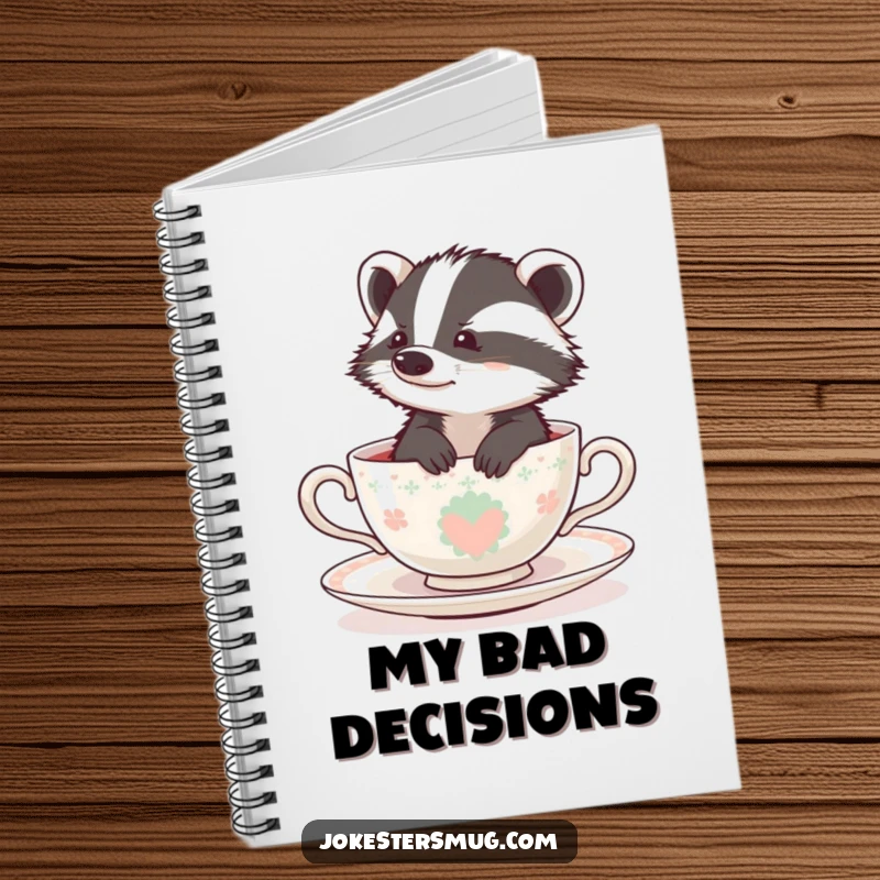 Funny badger stuck in a tiny teacup on the cover of a notebook, inspiring whimsical note-taking.