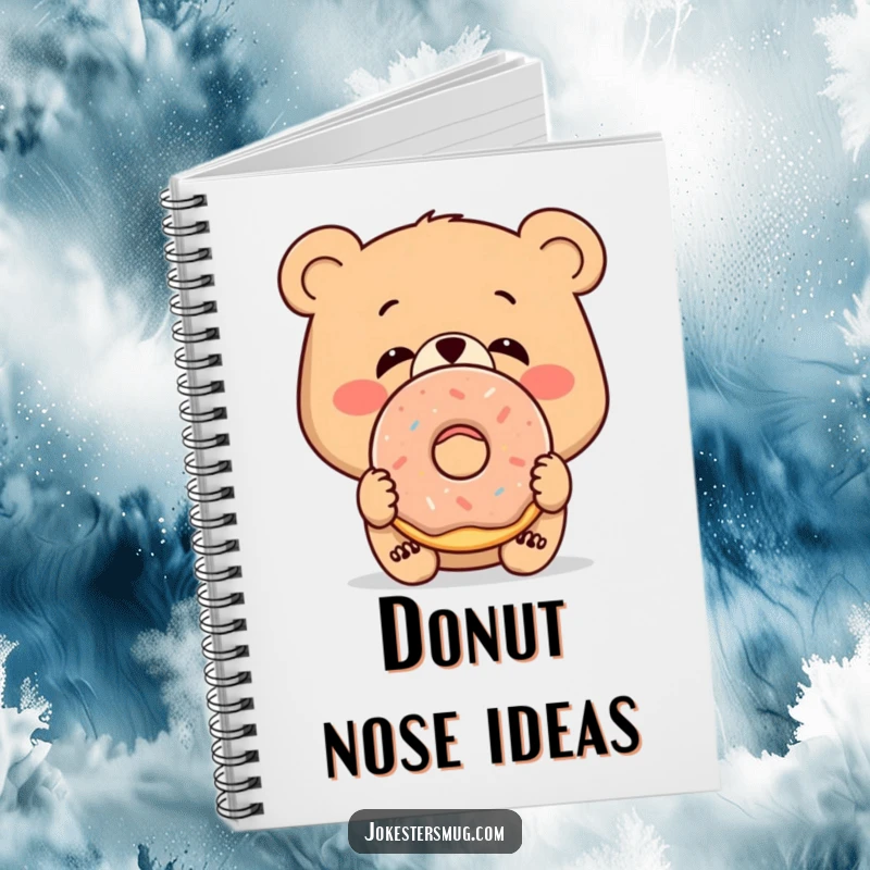 Funny notebook with a bewildered bear wearing a donut on its nose, perfect for notes.