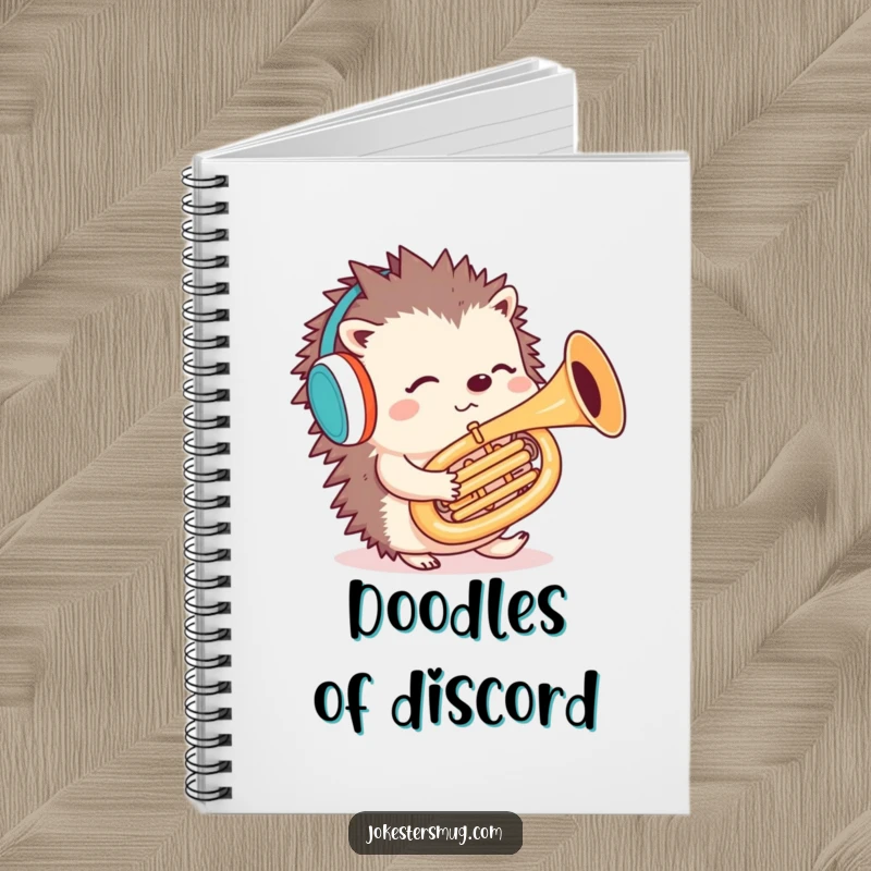Funny hedgehog tuba notebook featuring a confused hedgehog playing a tuba backwards, perfect for notes and creative doodles.