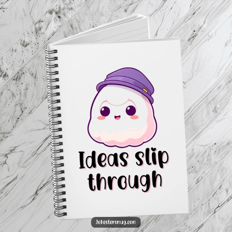 Funny notebook featuring a jelly blob character with a hat phasing through it, great for jotting notes with humor.