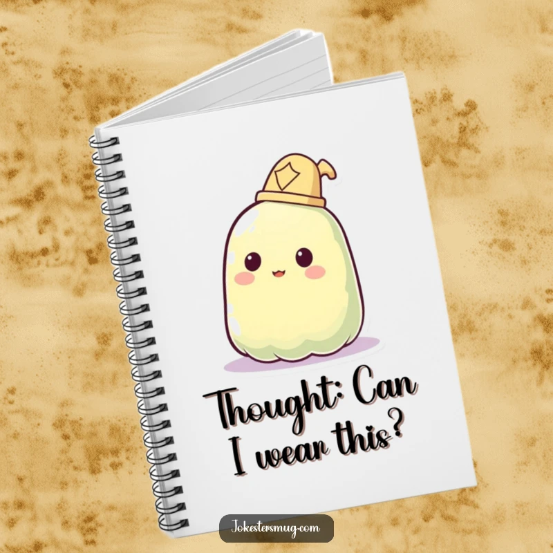 Funny notebook cover showing a jelly blob comically failing to wear a hat, phasing through.