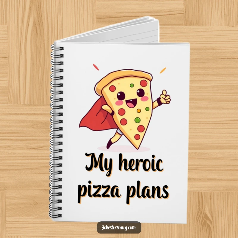 Funny notebook cover with a triumphant pizza slice in a cape, striking a superhero pose, a useful and humorous item.