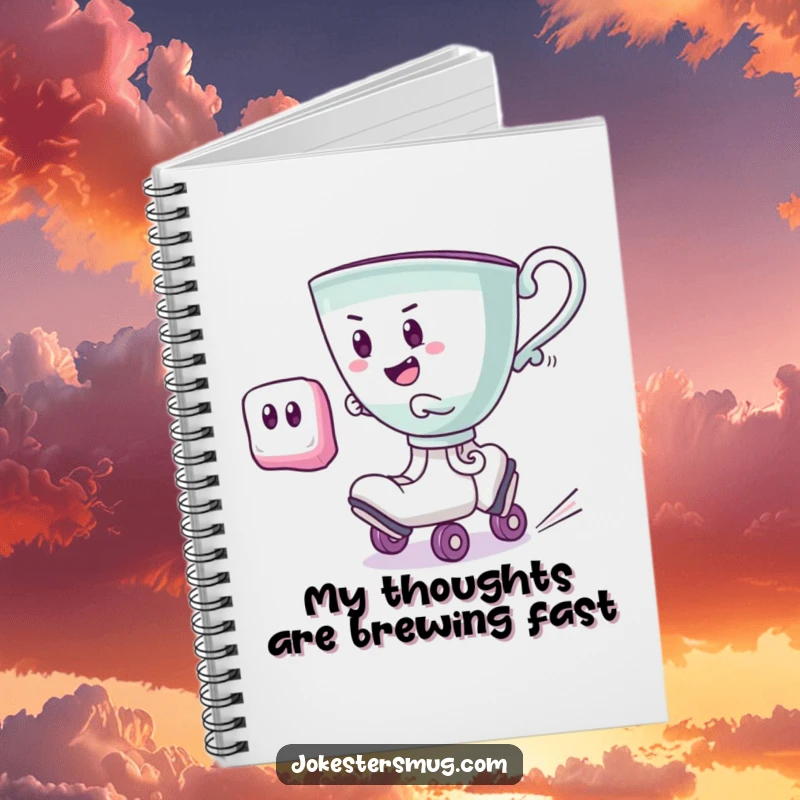 Funny teacup on roller skates, zooming past a startled sugar cube, a humorous notebook for jotting down ideas.