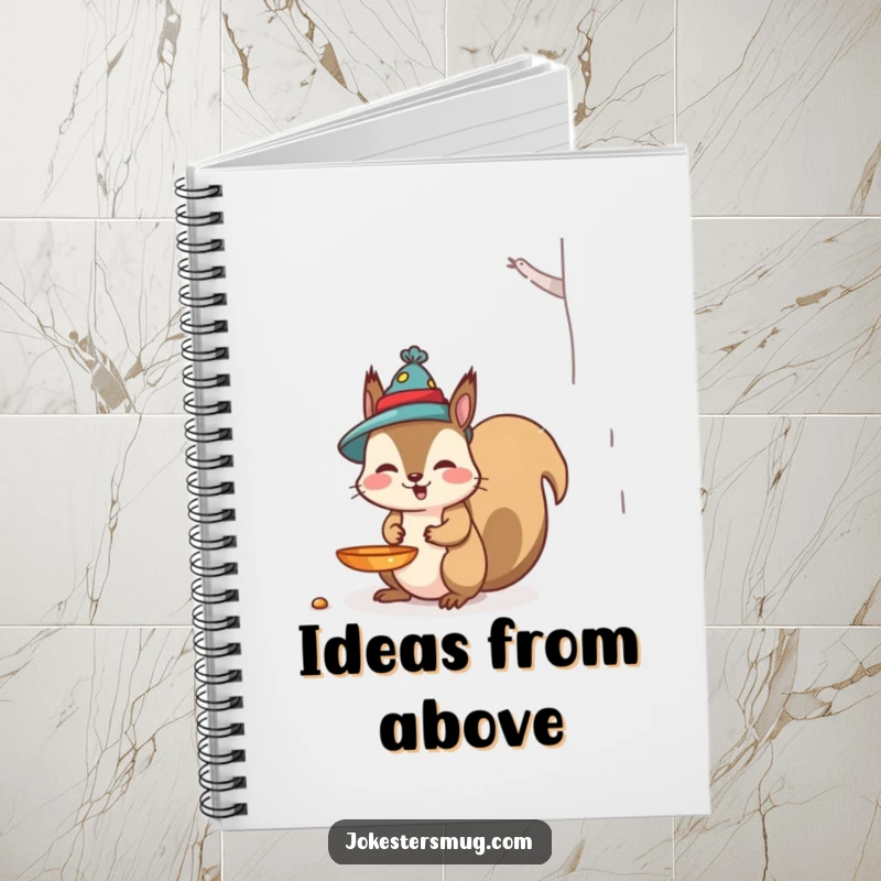 Funny Squirrel Notebook: A mischievous squirrel humorously wears a bird feeder as a hat, offering a funny and useful cover for notes.