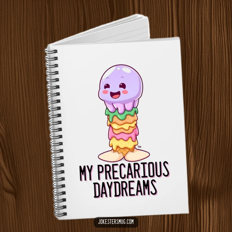 Funny wobbly jelly character attempting to balance on a stack of melting ice cream cones, cover design on a notebook.