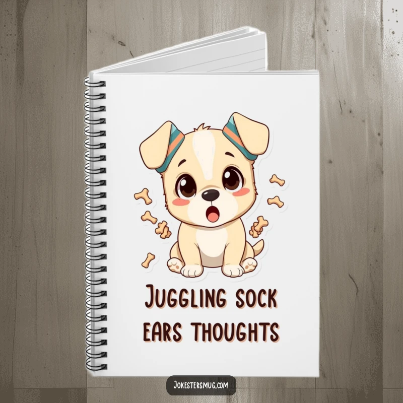 Funny notebook with a surprised puppy wearing socks on its ears, juggling bones, perfect for notes.