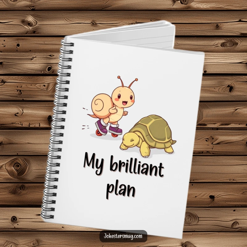 Funny notebook with a snail on roller skates passing a sleeping tortoise, great for jotting notes with a humorous twist.