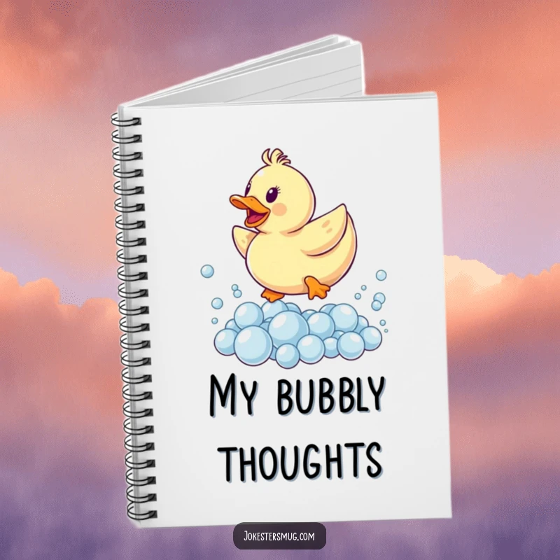 Funny notebook cover with a rubber ducky leaping over a pile of bubbles, a whimsical journal for creative minds and bubbly ideas.