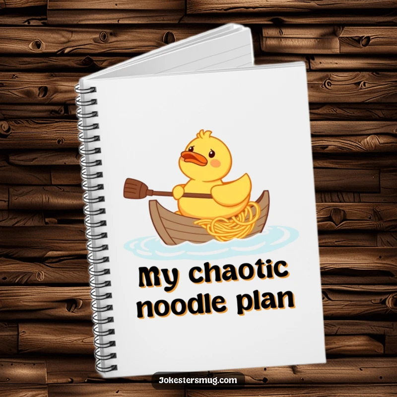 Funny confused rubber duck character trying to paddle a boat made of spaghetti, cover design on a notebook.