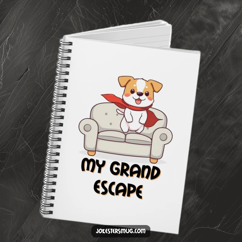 Funny notebook with a dog in a cape humorously attempting flight from a couch, ideal for jotting down heroic plans and ideas.
