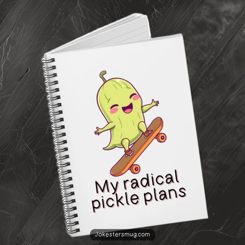 Funny notebook cover with a giggling pickle in sunglasses performing an ollie on a skateboard, a vibrant and useful item.