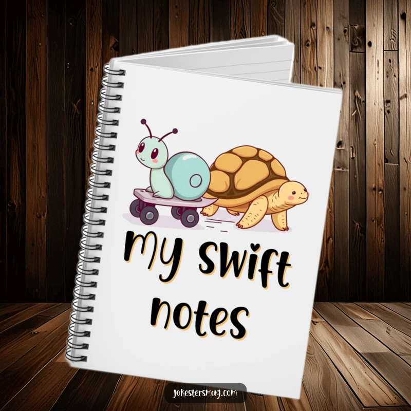 Funny notebook cover featuring a snail on roller skates speeding past a napping tortoise, perfect for jotting down ideas with humorous flair.