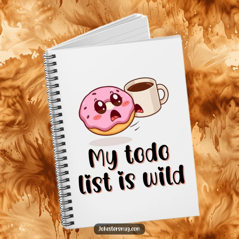 Funny donut with wide eyes is chased by a rogue coffee mug on a notebook cover, inspiring playful note-taking.