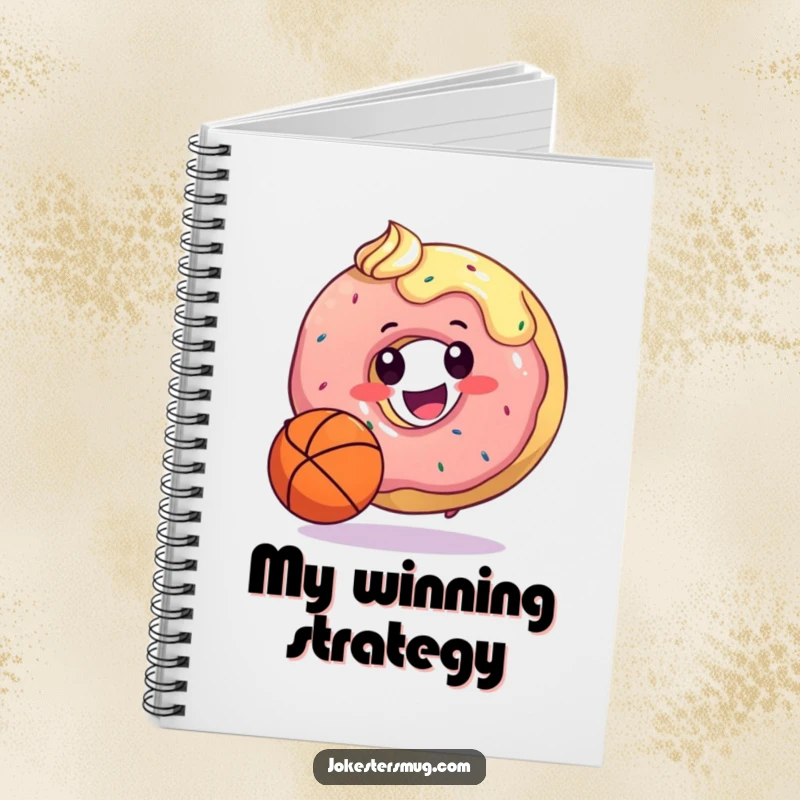 Funny notebook with a happy donut dribbling a basketball with its frosting, ideal for jotting down plays, notes, or sweet ideas.