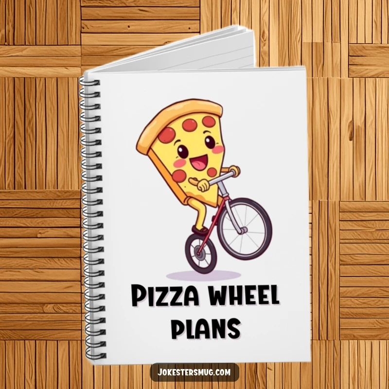 Funny notebook with a pizza slice riding a unicycle, perfect for notes.
