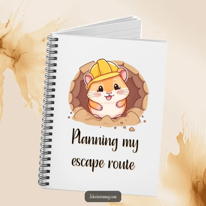 Funny hamster in a hard hat digs a tunnel on a notebook cover, encouraging structured planning and humor.