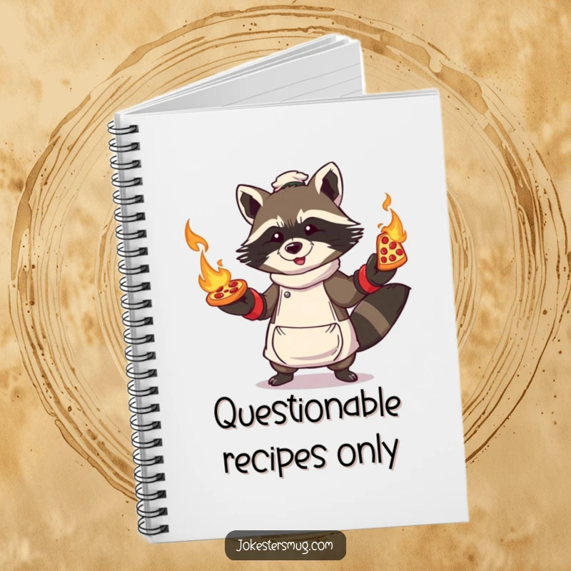 Funny Raccoon Pizza Notebook: Raccoon character in oven mitts, juggling flaming pizzas, for chaotic recipe notes.
