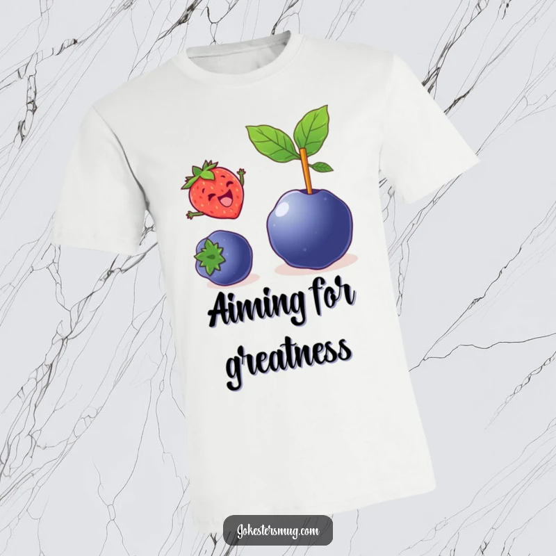 Funny t-shirt graphic of a delighted strawberry pole vaulting over a large blueberry, showcasing athleticism and joy.
