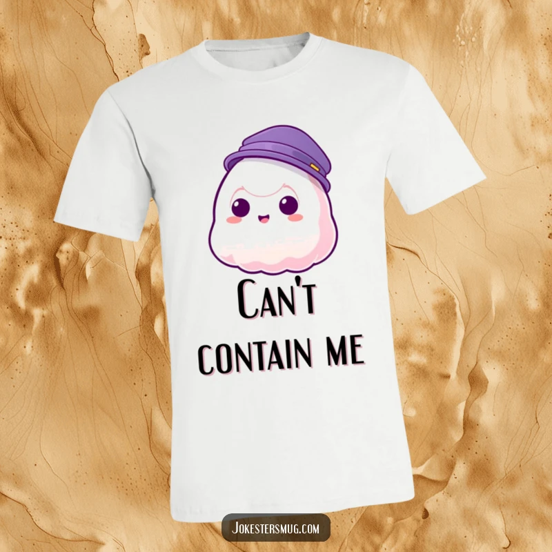 Funny t-shirt showcasing a jelly blob character attempting to wear a hat, which humorously phases right through it.