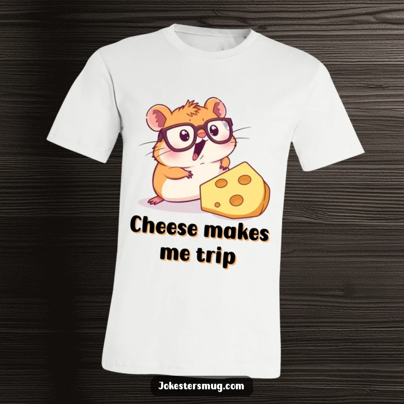 Funny t-shirt showing a shocked hamster with large glasses falling over an enormous wedge of cheese, capturing a moment of pure absurdity.