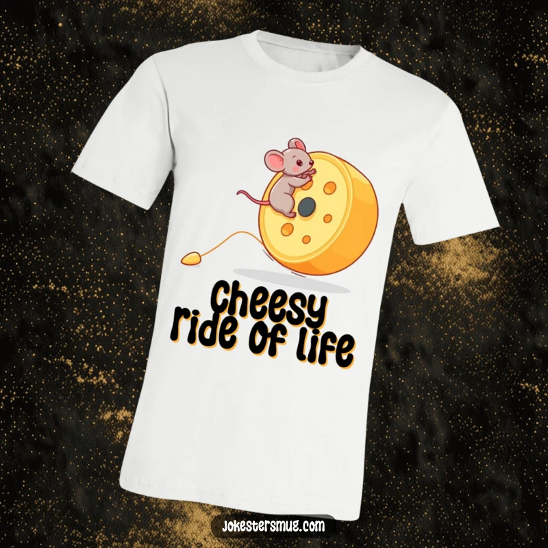 Funny Mouse T-Shirt: A small mouse fearlessly rides a massive rolling cheese wheel down a hill. Hilarious and adventurous funny gift.