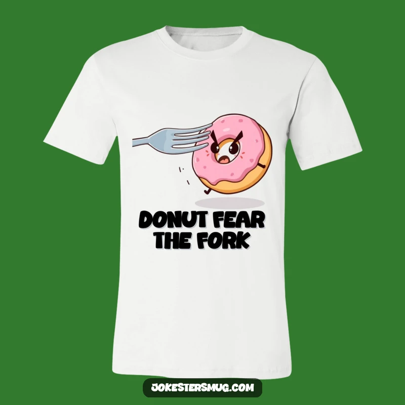 Funny Donut Terror T-Shirt: A Scared Pastry Escaping A Menacing Fork - Great Funny Gift!