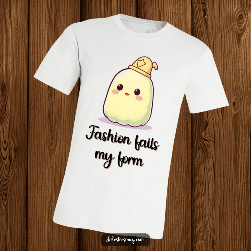 Funny t-shirt showcasing a jelly blob comically failing to put on a hat, phasing right through it.