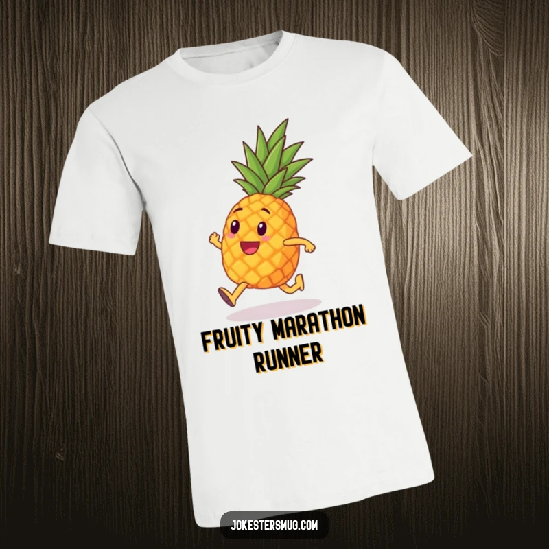 Funny t-shirt featuring a pineapple with tiny legs running a marathon, a humorous representation of dedication and endurance in fitness.