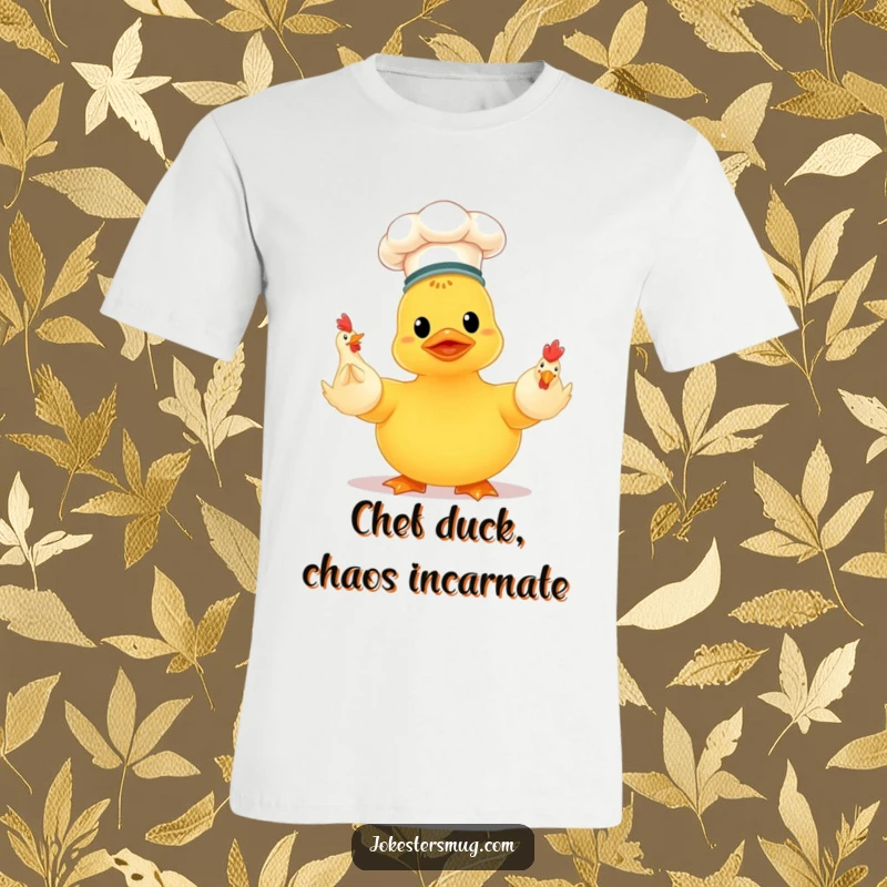 Funny rubber ducky chef with a small hat, attempting to juggle three rubber chickens, a hilarious and quirky t-shirt design.