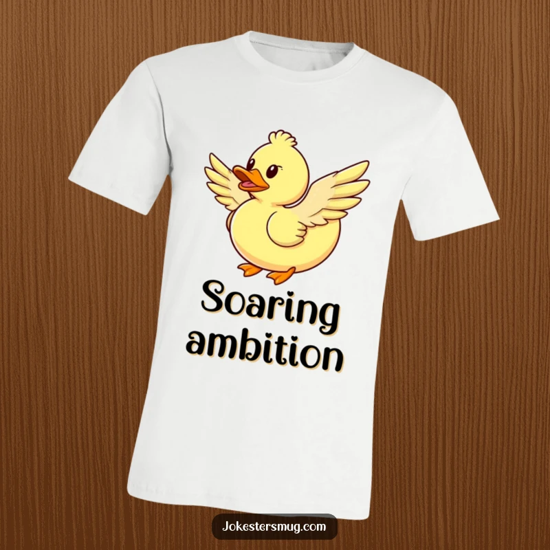 Funny rubber duck flying t-shirt, with feathered wings, humorous ambition, perfect funny gift for lovers of quirky art.