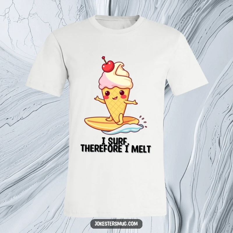 Funny ice cream cone with cherry crown surfs a banana surfboard, conveying a sense of playful adventure and sweet summer vibes.