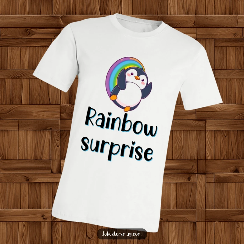 Funny t-shirt depicting a penguin sliding down a rainbow, comically landing upside down with a surprised expression, showcasing whimsical fun.
