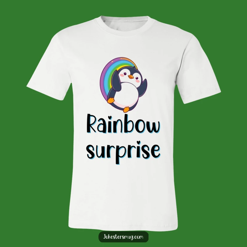 Funny Penguin Rainbow T-Shirt Surprise Landing Whimsical Humor Gift